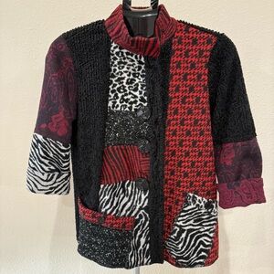 NWT Ali Miles Patchwork Jacket Black Red Artsy Cardigan Boho Size Small Petite